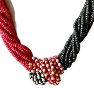 Vintage Necklace Coco Wood Red & Black Twisted & Knotted 24” Retro Fashion Vtg